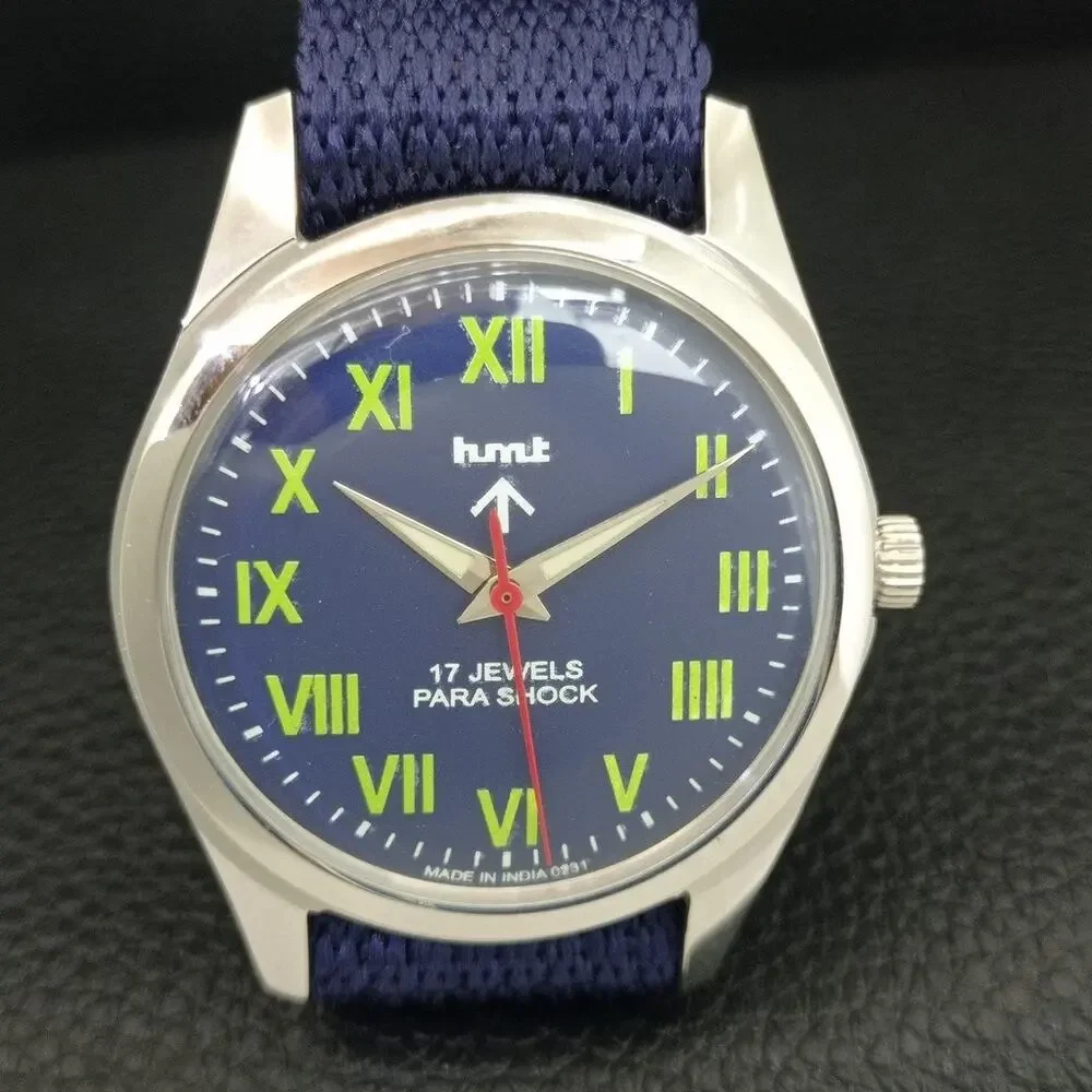 Vintage 1985 HMT Manual Wound Mens Silver Watch & Green accents